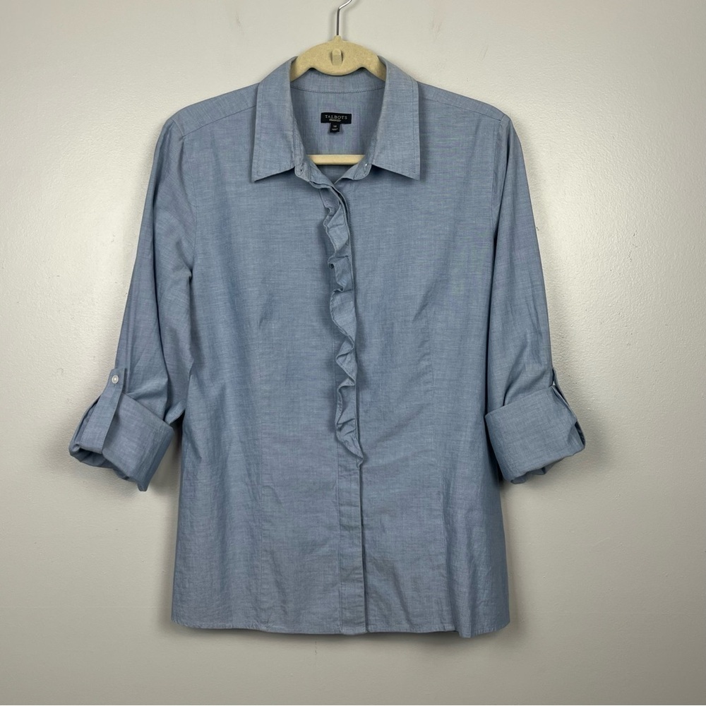 Talbots 100% cotton blue ruffle trim roll tab sleeve button shirt, size 14.